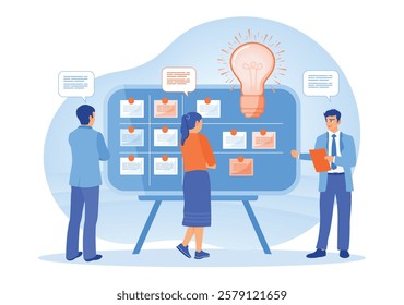 Meeting or brainstorming about new ideas. Business teams collaborate to exchange thoughts and ideas. Business Development concept. Flat vector illustration.