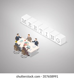 Meeting business concept. A group of tiny businessman meeting in front of meeting cross word. Isometric illustration vector.