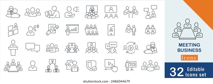 Meeting business essentials simple line icons set. containing Business Meeting, Presentation, Teamwork, Agenda, Round Table, Training and more icons