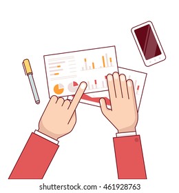 Meeting of business man group discussing statistical data over the desk. Talking about sales and financial graphs and charts. Clipboard, laptop and tablet. Flat style thin line vector illustration.