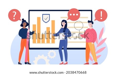 Meeting of business partners concept. Men and women analyze sales statistics and discuss development strategies. Business topics. Cartoon flat vector illustration isolated on white background