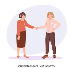 Meeting of business partners concept. Women shake hands with each other. Colleagues and partners working on common project. Collaboration and cooperation. Cartoon flat vector illustration