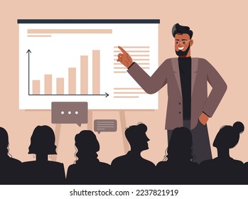 Treffen mit Geschäftspartnern. Der Mensch führt die Präsentation, steht in der Nähe von Graphen und Diagrammen. Redner, Redner und Redner. Arbeiten mit Statistiken und Infografiken. Cartoon-Flavektor-Vektorgrafik