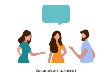 Meeting business people in a flat style. Team discusses social network, news, chat, dialogue speech bubbles near them, negotiate new projects. Discussion of the company's business strategy. Vector.
