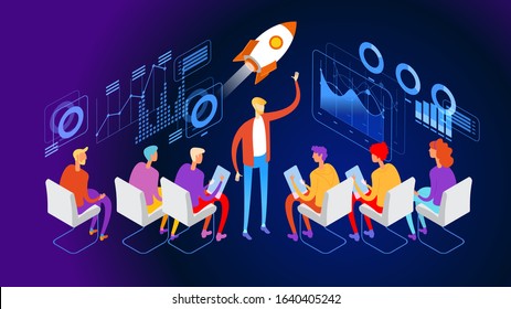 Meeting of business people with infographic vector illustration design. seminar. People team contemporary management. Flat isometric vector illustration.