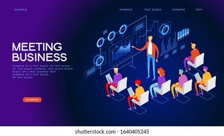 Meeting of business people with infographic vector illustration design. seminar. People team contemporary management. Flat isometric vector illustration.