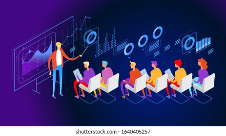 Meeting of business people with infographic vector illustration design. seminar. People team contemporary management. Flat isometric vector illustration. online learning


