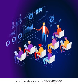 Meeting of business people with infographic vector illustration design. seminar. People team contemporary management. Flat isometric vector illustration.