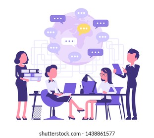 Meeting for business people. Male, female office managers together at table discuss cooperate project, colleagues at teamwork exchange new ideas. Vector abstract illustration with faceless character