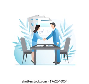 Meeting of business people in suits in office, companies to sign contracts, documents, agreements. Directors of enterprises, man and woman shaking hands. Successful deal of partners of firms.