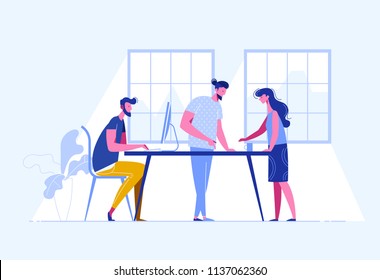 Meeting business people. Teamwork. Discussion of the company's business strategy. Vector illustration in a flat style