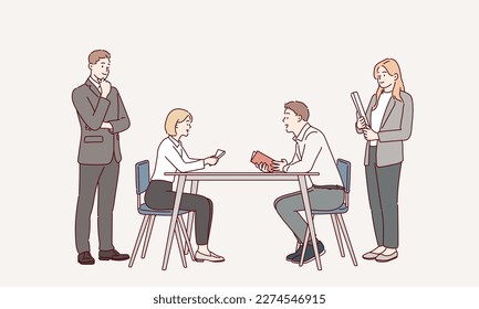 Meeting business people. Teamwork. Discussion of the company's business strategy. Hand drawn style vector design illustrations.