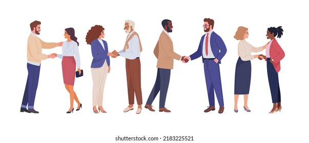 Meeting of business people. Vector illustration in flat cartoon style of several couples of people of different nationalities in business clothes shaking hands. Isolated on white - Shutterstock ID 2183225521