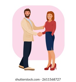 Meeting of business people. Vector illustration in flat cartoon style couples shaking hands. Isolated on white background