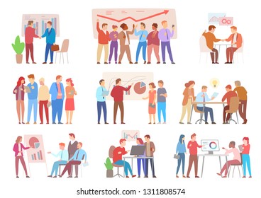 Meeting of business people vector, presentation on whiteboard with infographics. Discussion and partnership, men and women talking about data info