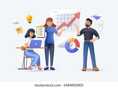 Meeting, business presentation, training, annual report. Teamwork, client report. 3D design concept vector illustration website banner, marketing material, business presentation, online advertising