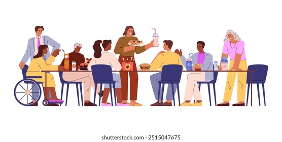 Meeting of the business team at lunch. Vector illustration of different people, including a person with disabilities and an adult man, at a table with food and drinks