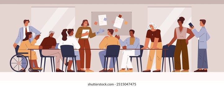 Meeting of the business team in the office. Vector illustration of various people, including a person with disabilities, giving a speech at a briefing table