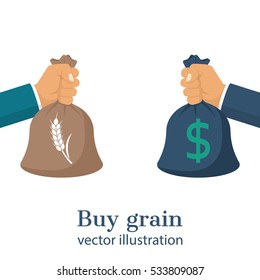 Meeting business transaction of sale crops. Buy grain. Agricultural income concept. Bag in hand with money and grain. Exchange deal. Agribusiness background, isolated. Vector illustration flat design.