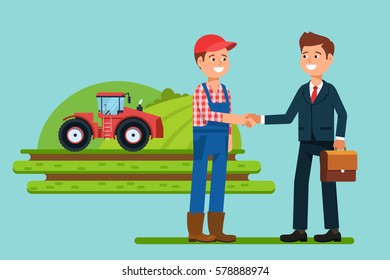 The Meeting  Businessmen Shaking Hands Farmer .  Greeting To The Partner And Business  Interactions Handshake. Stock Vector Illustration Flat Style