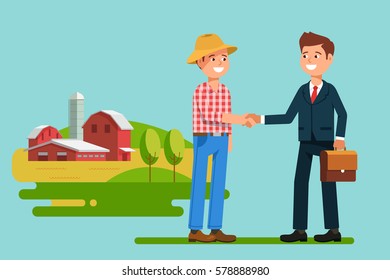 The meeting  businessmen shaking hands farmer .  Greeting to the partner and business handshake. Stock vector illustration flat style. 