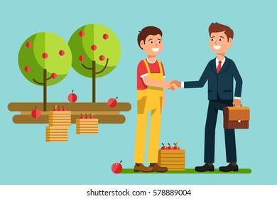 The meeting  businessmen shaking hands farmer .  Greeting to the partner and business  interactions handshake. Stock vector illustration flat style