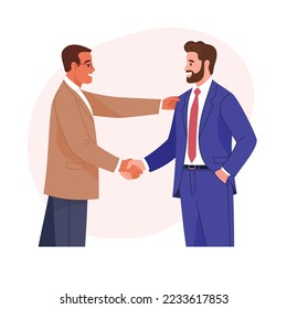 Meeting of businessmen. Vector cartoon illustration in a modern flat style of two caucasian men in suits shaking hands. Isolated on background