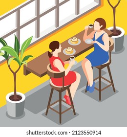 Meeting in cafe isometric background with two girls drinking coffee with cakes 3d vector illustration