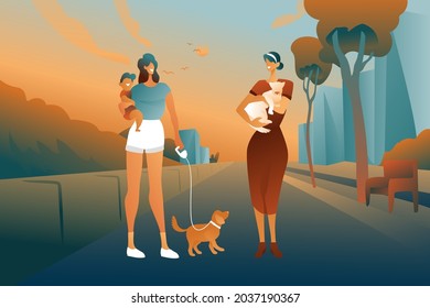 A meeting of characters on the street, a mother with a child in her arms with a dog and a woman with a pet are having a conversation against the background of an abstract street.