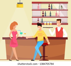 Meeting and Chatting at Bar Vector Illustration. Guy Ordered Cocktails for Himself and Girls. Bartender is Holding Wine Glasses on Tray and Smiling at Visitors. Girl Laughs with Guy.