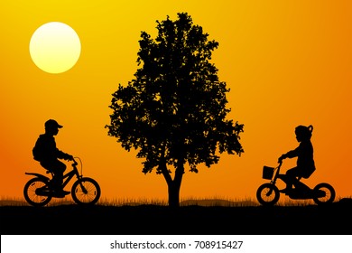 Meeting of children on bicycles near a tree at sunset, silhouette vector