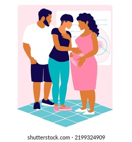 Meeting Of The Child's Parents And The Surrogate Mother In The Clinic. Mom Feels The Movements And Jerks Of The Baby In The Abdomen. Vector Flat Illustration