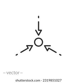 Tagungskreissymbol, drei Pfeile, Mittelpunkt, dreifache Ausrichtung, Zeilensymbol auf weißem Hintergrund - bearbeitbarer Strich, Vektorgrafik eps10