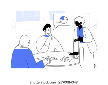 Meeting client isolated cartoon vector illustrations. Diverse IT company workers meeting in conference hall, software development, briefing process, teamwork activity vector cartoon.