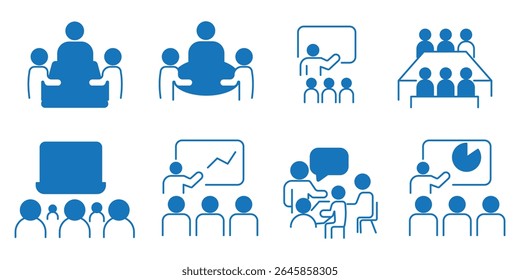 Conjunto de iconos de colaboración de reuniones. Iconos de trazo editables de línea fina para talleres, lluvia de ideas, conferencias remotas, discusiones en equipo, planificación de estrategias y presentaciones comerciales