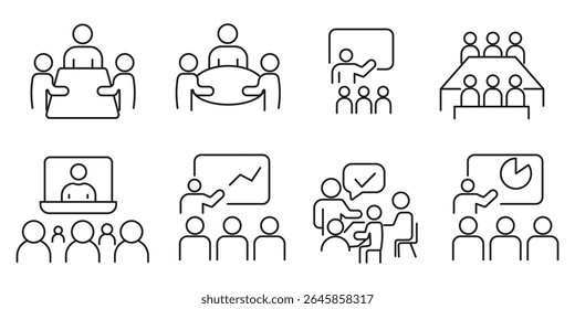 Conjunto de iconos de colaboración de reuniones. Iconos de trazo editables de línea fina para talleres, lluvia de ideas, conferencias remotas, discusiones en equipo, planificación de estrategias y presentaciones comerciales
