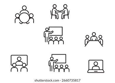 Conjunto de ícones de colaboração em reunião. Linha fina de ícones editáveis para workshops, brainstorming, conferências remotas, discussões em equipe, planejamento de estratégia e apresentações de negócios 