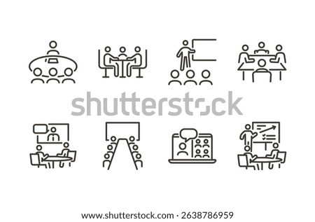Meeting collaboration icon set. Thin line editable stroke icons for workshops, brainstorming, remote conferencing, team discussions, strategy planning, and business presentations