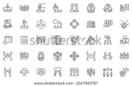 Meeting and collaboration thin line icon set. Teamwork and communication editable stroke graphic elements