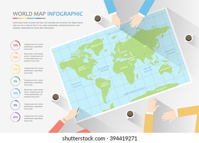 Meeting with colleagues discussing global issues on a global map with few cups of coffee
