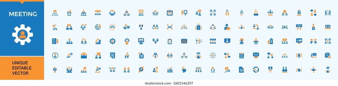 Meeting colorful related icon. Contain filled symbols communication, seminar, conference, team, planning, presentation, training and more. Minimalist icons pack. Meet vector solid icon set.