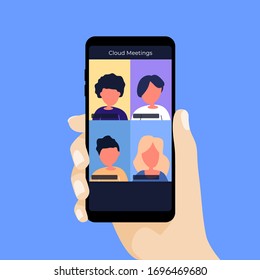Meeting A Company Via Video Conference On A Mobile Phone. Cloud Meetings.