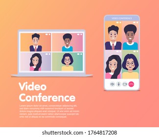 Meeting a company via video conference on a mobile phone. Online class. Study from home school lesson via teleconference, web video conference call during coronavirus COVID-19 pandemic outbreak.