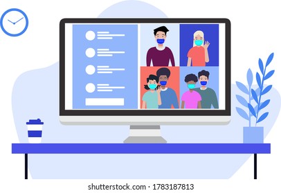 Meeting a company via video conference on a desktop. Online class. Study from home school lesson via teleconference, web video conference call during coronavirus COVID-19 pandemic outbreak.