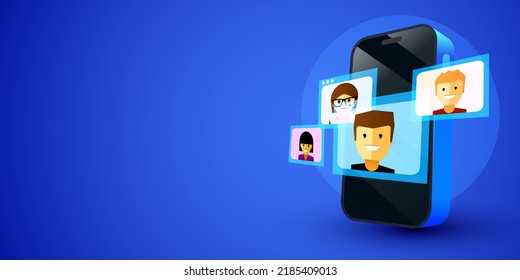 Meeting a company via video conference on a mobile phone. Digital technology and communication concept. Vector illustration