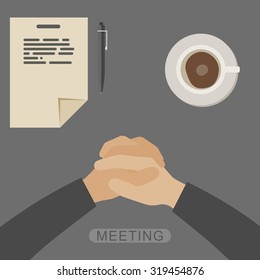 Meeting concept background with hands joined, cup of coffee and document. Simple flat illustration.