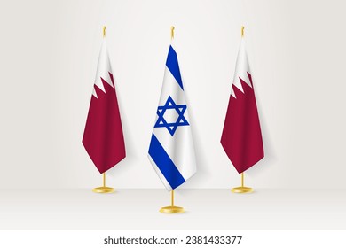 Meeting concept between Israel and Qatar. Flags on a flag stand.