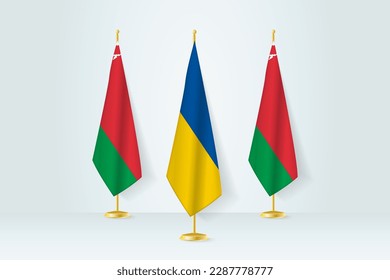 Meeting concept between Ukraine and Belarus. Flags on a flag stand.