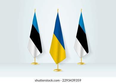 Meeting concept between Ukraine and Estonia. Flags on a flag stand.