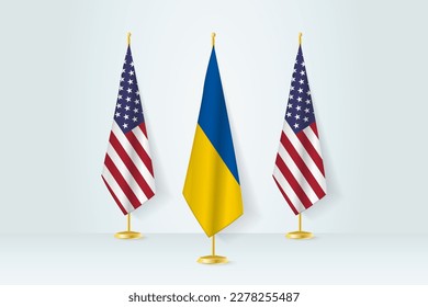 Meeting concept between Ukraine and United States. Flags on a flag stand.